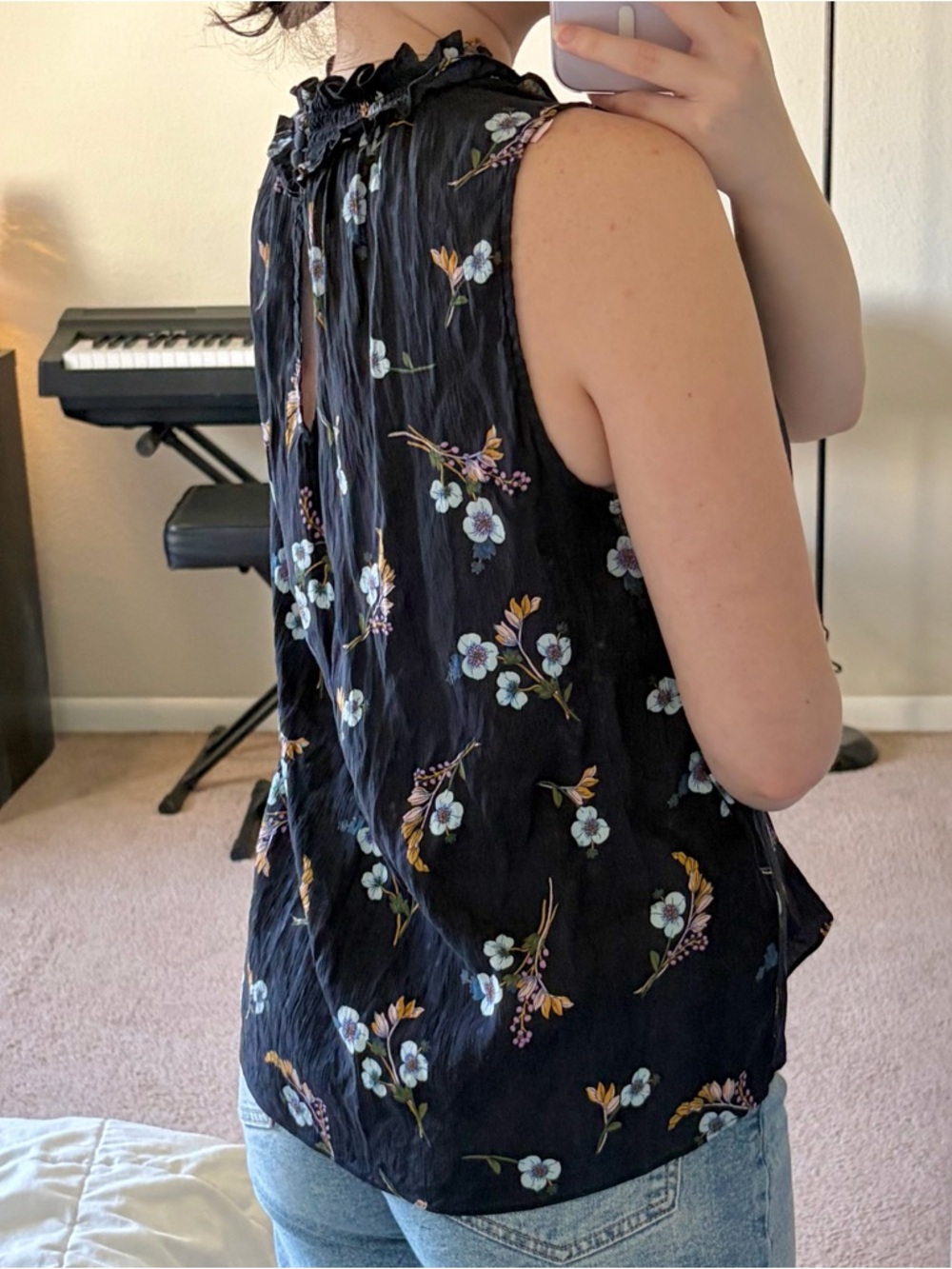 Rebecca Taylor Navy Blue Floral Smocked Neck Sleeveless Blouse